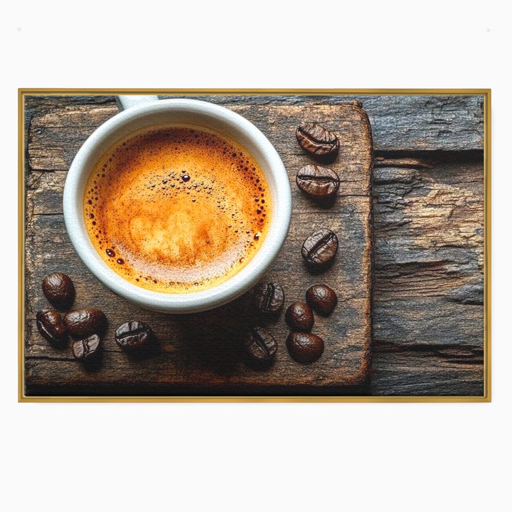 Tablou canvas cu ceasca de espresso si boabe de cafea, in rama de aluminiu auriu